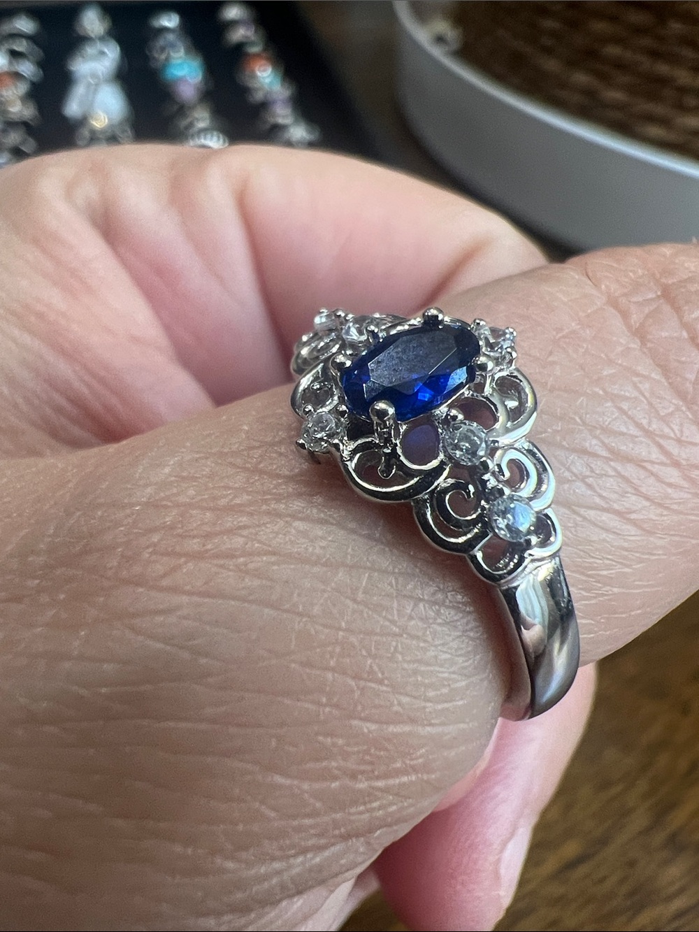 Sterling Silver Blue Sapphire-Style Filigree Ring Size 9 - Picture 5 of 6